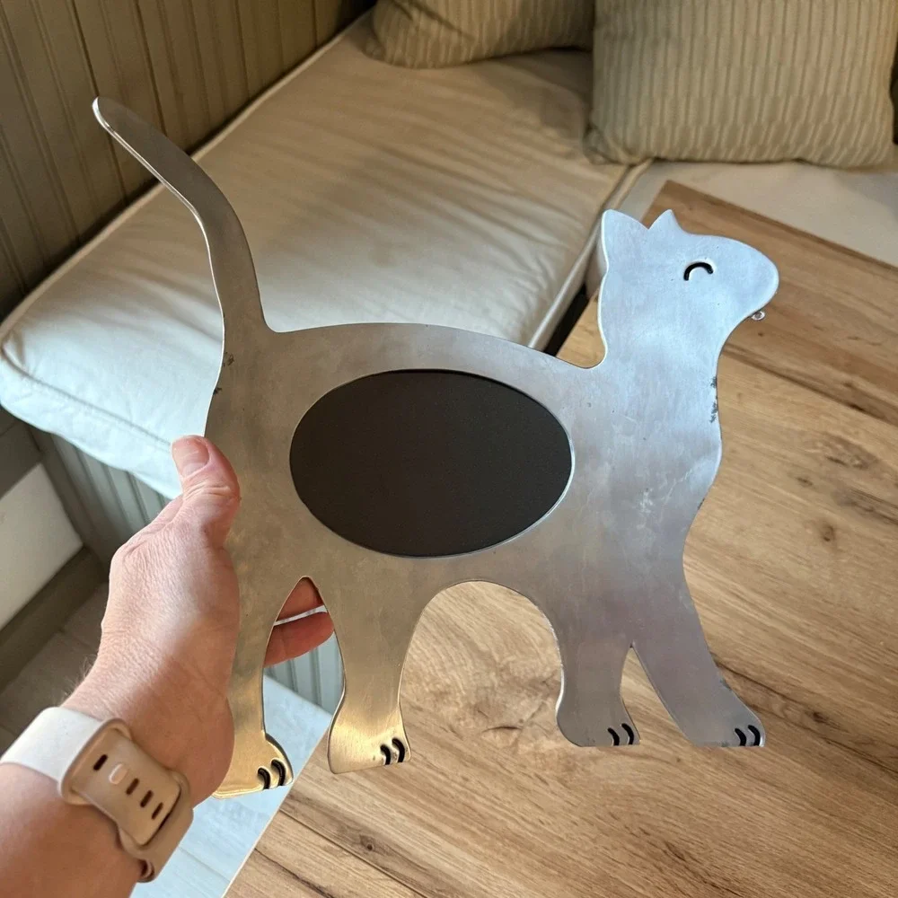 Vintage Brushed Metal Cat Shaped Picture Frame Silver Tone Minimalist Wall Art